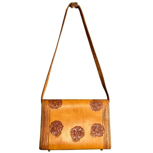 Vintage Southwestern Tooled Leather Shoulder Bag With Floral Design - Picture 2 of 14